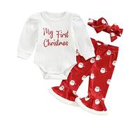 YILEEGOO Baby Girl My 1st Christmas Outfits Letter manica lunga pagliaccetto top + pantaloni a campana + fascia 3 pezzi My First Christmas Clothes Set, W1 Rosso, 3-6 Months