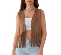 YILEEGOO Gilet da donna con nappe anni '70, in finta pelle scamosciata, senza maniche, con frange, aperto sul davanti, stile boho, giacca western, cardigan, Cammello, S