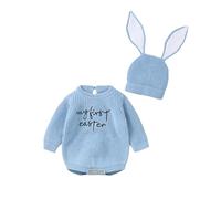 YILEEGOO My First Easter Baby Girl Boy Outfit Neonato Maglia Maglione Pagliaccetto Manica Lunga Pullover Top Felpa Pagliaccetto Cappelli Orecchio Coniglio 2 Pz Neonato Ragazza Vestiti di, Blu, 9-12