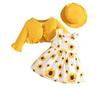 YILEEGOO Set di abiti da bambina con cardigan e vestito senza maniche floreale con volant a maniche lunghe con cappello, vestiti primaverili e autunnali, set da 2 pezzi, Girasole giallo., 12-18 Months
