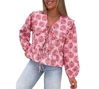 YILEEGOO Top peplo da donna con laccetti anteriori/corti, maniche a lanterna, colletto alla Peter Pan, camicetta da babydoll allentata, C-floreale Rosa, M