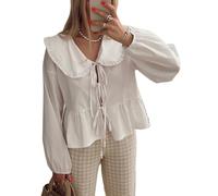 YILEEGOO Top peplo da donna con laccetti anteriori/corti, maniche a lanterna, colletto alla Peter Pan, camicetta da babydoll allentata, A-Bianco, M
