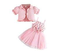 YILEEGOO Vestito da bambina con cardigan, senza maniche, in tulle, tutù, fiocco e sbuffo, giacca a maniche corte, cappotto, set di vestiti autunnali, Amore rosa, 3-4 Years
