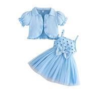 YILEEGOO Vestito da bambina con cardigan, senza maniche, in tulle, tutù, fiocco e sbuffo, giacca a maniche corte, cappotto, set di vestiti autunnali, Amore azzurro cielo, 9 mesi