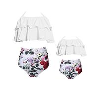 YiLianDaD Completo Bikini per Mamma e Figlia Capestro Costume da Bagno a Vita Alta Due Pezzi Costumi da Bagno di Fiori Stampa Bianca