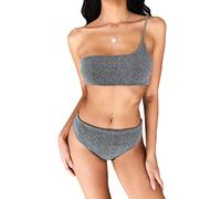 YiLianDaD Sexy Bikini Set Donna Monospalla Costume da Bagno Imbottito Bikini Spiaggia Glitter Costumi da Bagno Due Pezzi Argento