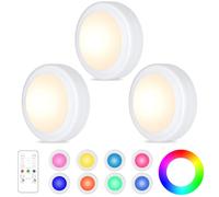 Yiliaw Confezione da 3 luci LED a disco, con telecomando, 16 colori intercambiabili, luci da sotto armadietti, luci notturne a batteria, con dimmer e regolatore, per armadio, camera da letto, cucina,