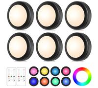 Yiliaw Confezione da 6 luci LED a disco, con telecomando, 16 colori intercambiabili, luci per sotto armadietti, luci notturne a batteria, con dimmer e regolatore, per armadio, camera da letto, cucina,