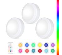 Yiliaw Illuminazione sotto armadio a batteria, confezione da 3 luci LED a disco con telecomando, 12 colori RGB intercambiabili, con dimmer e regolatore, per armadio, camera da letto, cucina, bianco