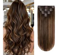 Yilite Extension di capelli veri con clip, capelli umani lisci, balayage, castano scuro, capelli Remy, testa completa, 110 g, 8 pezzi, 35,5 cm, #2/6/2