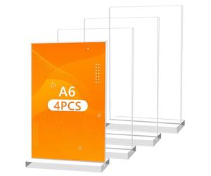 YiliYa 4 Pezzi Porta Cartelli in Acrilico,A6 Supporti da Tavolo Trasparenti Espositore da Tavolo Display a Doppia Faccia Porta-Brochure da Banco per Insegne Portamenu Foto