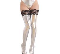 YILUQIFLY Donne Sexy Pelle Verniciata Elastica Pizzo Calze Lunghe Partito Strette Lucide Metalliche Calze Per Cospaly, argento, Taglia unica