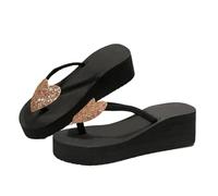 YILWPV Ciabatte infradito estive da donna con tacco a zeppa e cuore glitterato, leggere antiscivolo, sandali plateau punta a clip(Gold,39)