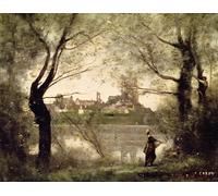 YIMACBJXX Famoso Parete Immagine Arte Dipinto Vista de la ciudad y la catedral de Mantes A través de la tarde de los árboles de Jean Baptiste Camille Corot per L'arredamento del Soggiorno 60x90cm