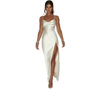 YIMAISZQ Vestito Donna Elegante Abito di Festa Senza Maniche Lungo Raso per Le Donne Estate Alta Fessura Schienale Occasione Formale Abiti Maxi-Bianco-s