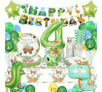 YIMAKJ Dino Compleanno Decorazione 4 Anni Dinosauro Compleanno Bambini Decorazione Decorazione Compleanno 4 Anno Ragazzo Dinosauro Piatto di Carta Dino Tovaglioli Tazze Palloncini per Dino Decorazione
