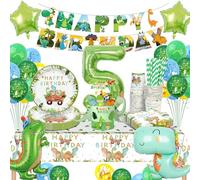 YIMAKJ Dino - Decorazione per compleanno, 5 anni, motivo: dinosauro per bambini, decorazione di compleanno per bambini, 5 anni, piatto di carta dinosauro, tovaglioli, palloncini per decorazioni di