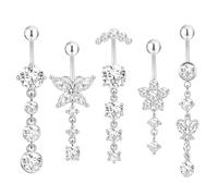 YIMETOP Set di 5 piercing per ombelico in acciaio inox, 12 mm e 10 mm di lunghezza, con banana, farfalla, fiore e rotondo da appendere - piercing da donna