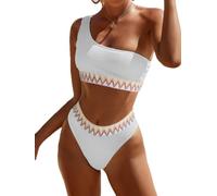 YIMISAN Bikini da Donna a Costine, Monospalla, con Vita Media, Due Pezzi, Bianco 1, M
