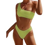 YIMISAN Bikini da donna a costine, monospalla, con vita media, due pezzi, Verde erba , M