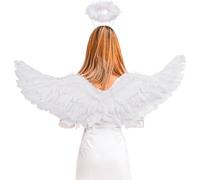 YIMOJOY Ali d'angelo bianche con alone, 75 cm, costume per bambini, ali d'angelo, ali di piuma, angelo per Halloween, carnevale, cosplay, feste in costume