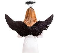 YIMOJOY Ali d'Angelo Nero con Aureola, 75CM Ali d'Angelo Bambini Costume Ali d'Angelo per Le Ragazze, Ali di Piume Angelo per Halloween Carnevale Cosplay Party Festa in Maschera