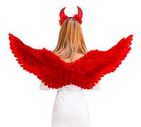 YIMOJOY Ali d'Angelo Rosso con Corna del Diavolo, 75CM Ali d'Angelo Bambini Costume Ali d'Angelo per Le Ragazze, Ali di Piume Angelo per Halloween Carnevale Cosplay Party Fancy Dress Party