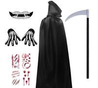 YIMOJOY Halloween Cape Uomini Set, Halloween Costume Cape nero con falce e cicatrici tatuaggi, Unisex Halloween Cape con cappuccio Reaper Cape 150CM Vampire Costume per Cosplay Carnevale Carnevale(M)