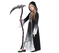 YIMOJOY Halloween Costume Ragazza- Principessa Fantasma Horror con falce, inquietante Mietitore Bambini Ragazze Mietitore per Carnevale Abito in maschera (L)