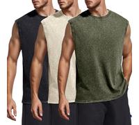 Yimoon Canotte da allenamento da uomo in cotone senza maniche con lavaggio acido magliette tagliate fuori muscolo camicie vestibilità ampia corsa palestra tees, Nero+beige+esercito, S