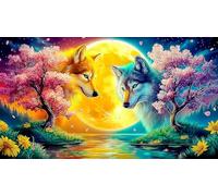 Yin-Yang-Wolves-with-Fish-and-Flowers Puzzle 1000 Pezzi per Adulti - in Cartone Riciclato per la Decorazione 38x26cm/1000pcs