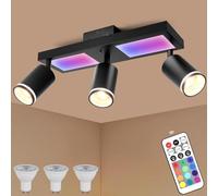 YindaLux RGB Lampada Faretti da Soffitto Orientabili, 25W 2850LM Dimmerabile Faretti LED Soffitto con Telecomando, Nero Plafoniera LED Faretti 3 Luce con Luce di Fondo 10W+3x5W GU10 per Soggiorno