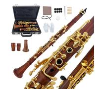 Yinfente Clarinetto in Sib per principianti a 17 tasti, in palissandro placcato oro, con 2 barili, custodia rigida, kit di pulizia, bocchino, grasso per sughero, guanti, ance, cuscino