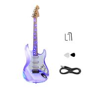 Yinfente Kit per chitarra elettrica da 99 cm, in acrilico trasparente, corpo solido per principianti, con manico in acero, tastiera in palissandro e LED azzurro, cinghia, reggiseno, cavo, plettri SSS
