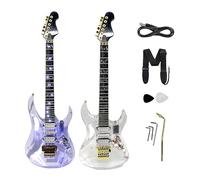 Yinfente Kit per chitarra elettrica da 99 cm, in acrilico trasparente, dimensioni intere, chitarra elettrica a corpo solido per principianti, con tastiera in palissandro e LED blu chiaro