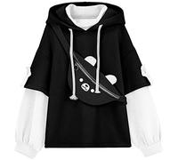 YINGKE Delle Donne Kawaii Anime Orso Anime Top Falso in Due Pezzi con Cappuccio Teen Girls Harajuku Style Pullover Felpa(XS,Nero)