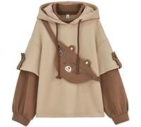 YINGKE Delle Donne Kawaii Anime Orso Anime Top Falso in Due Pezzi con Cappuccio Teen Girls Harajuku Style Pullover Felpa(L,Marrone)