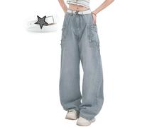YINGWIN Star Jeans Y2k Baggy Jeans Donna Grandi Tasche, blu + cintura, L