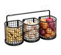 yiokeo Wall Mounted Metal Mesh Kitchen Basket Rack with Adhesive Hooks,No Drilling Hanging Wire Storage Shelf, for Garlic Onion Pasta Spices Fruits Snacks, Kitchen Counter Space Saving (3pcs-Black)