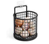 yiokeo Wall Mounted Metal Mesh Kitchen Basket Rack with Adhesive Hooks,No Drilling Hanging Wire Storage Shelf, for Garlic Onion Pasta Spices Fruits Snacks, Kitchen Counter Space Saving (1pcs-Black)