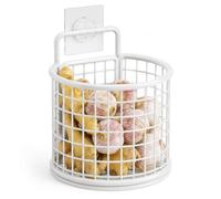 yiokeo Wall Mounted Metal Mesh Kitchen Basket Rack with Adhesive Hooks,No Drilling Hanging Wire Storage Shelf, for Garlic Onion Pasta Spices Fruits Snacks, Kitchen Counter Space Saving (1pcs-White)