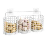yiokeo Wall Mounted Metal Mesh Kitchen Basket Rack with Adhesive Hooks,No Drilling Hanging Wire Storage Shelf, for Garlic Onion Pasta Spices Fruits Snacks, Kitchen Counter Space Saving (3pcs-White)
