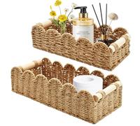 Yiomxhi 2 Pezzi Cestini Portaoggetti Cesto Vimini, Cestino Porta Carta Igienica Intrecciata con Manici in Legno, Scatola Contenitore Organizer Decorazioni per Cucina Bagno Ufficio Scaffale