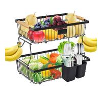 Yiomxhi Cesto per Frutta a 2 Livelli con Porta Banana, Supporto per Verdure e Pane per Ripiano della Cucina, Portafrutta Alzatina, Scaffale per Snack, Nero