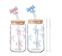 YIPFEN Bicchiere di Vetro con Cannuccia, Set da 2 Rosa e Blu con Fiocco, Include Cannucce Riutilizzabili, Spazzola e Custodie, Design Sicuro e Igienico, Facile Pulizia per Succhi, Home Bar e Regali
