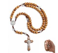 YIPFEN Collana Rosario Cattolica con Perle di Legno e Croce Incisa con Immagine di Gesù Cristo, Perfetta per Sacramenti, Battesimi, Messe e Letture Bibliche
