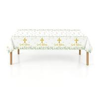 YIPFEN Tovaglia per comunione 1 pezzo, per cresima e battesimo, con motivo a croce, da tavolo per ragazzi e ragazze, tovaglia per baby shower, decorazione per cresima ragazzo (137 × 183 cm)