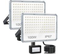 YIQIBRO Faretto con Sensore di Movimento 100W 2 Pezzi, 10000LM 6500K Faro LED Esterno con Sensore Movimento, Luci LED Impermeabile IP67 Lampada Esterno per Giardino, Terrazza, Garage, Magazzino