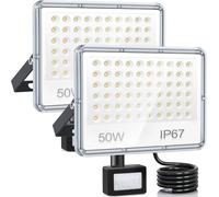 YIQIBRO Faretto con Sensore di Movimento 50W 2 Pezzi, 5000LM 6500K Faro LED Esterno con Sensore Movimento, Luci LED Impermeabile IP67 Lampada Esterno per Giardino, Terrazza, Garage, Magazzino