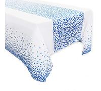 Yiran 1 Pezzi Tovaglia per Feste Blu e Bianca Usa e Getta per Tavolo Rettangolare, Copritavolo Rettangolare con Coriandoli a Pois Dorati per BabyShower, Compleanno Ragazzo, Tea Party, 137 cm x 274 cm